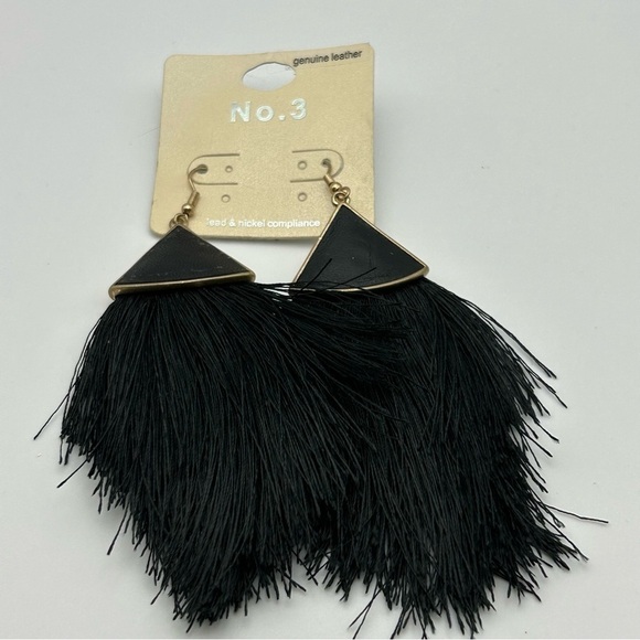 No. 3 Black Genuine Leather Dangle Large Tassel Earrings Gold Tone Hook - Picture 3 of 4